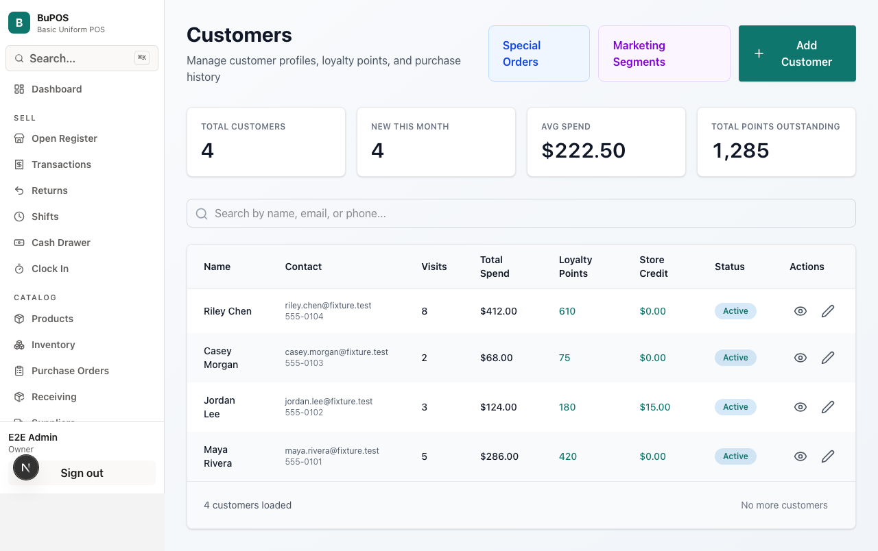BUPOS customer management screen with sample loyalty records