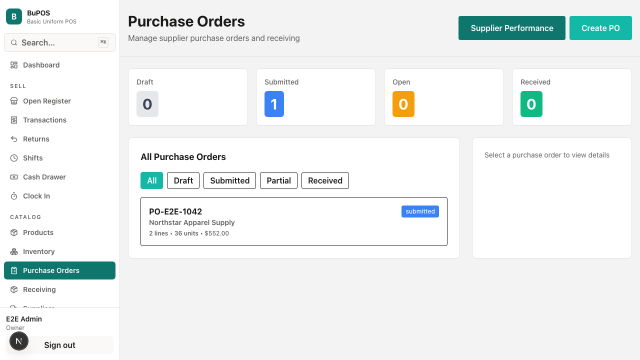 BUPOS purchase orders screen with a sample replenishment order